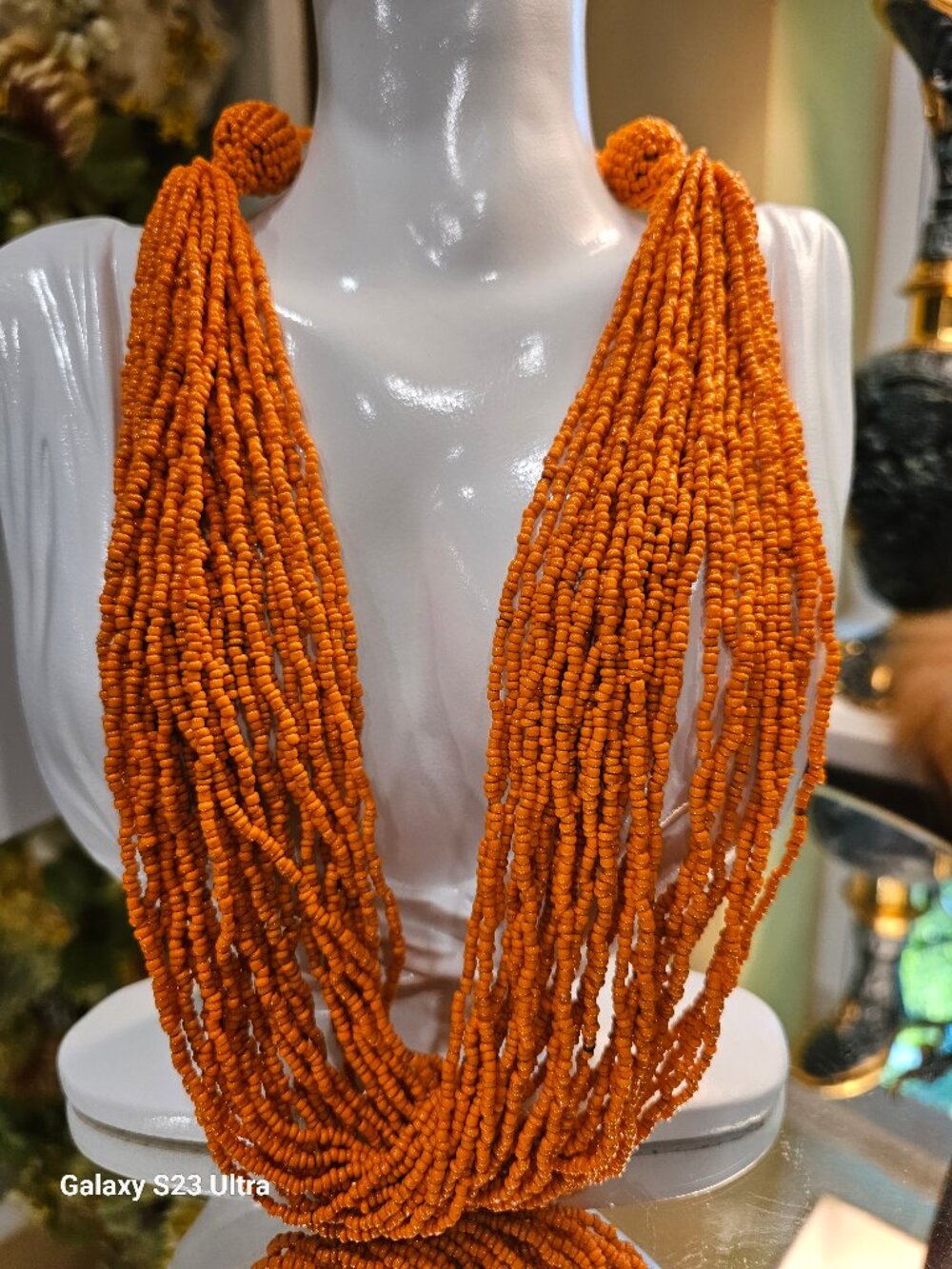 Orange Seed Beaded Multi Strand Necklace 23 Inches